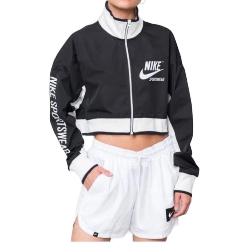 NIKE black white spell out cropped full zip track jacket S